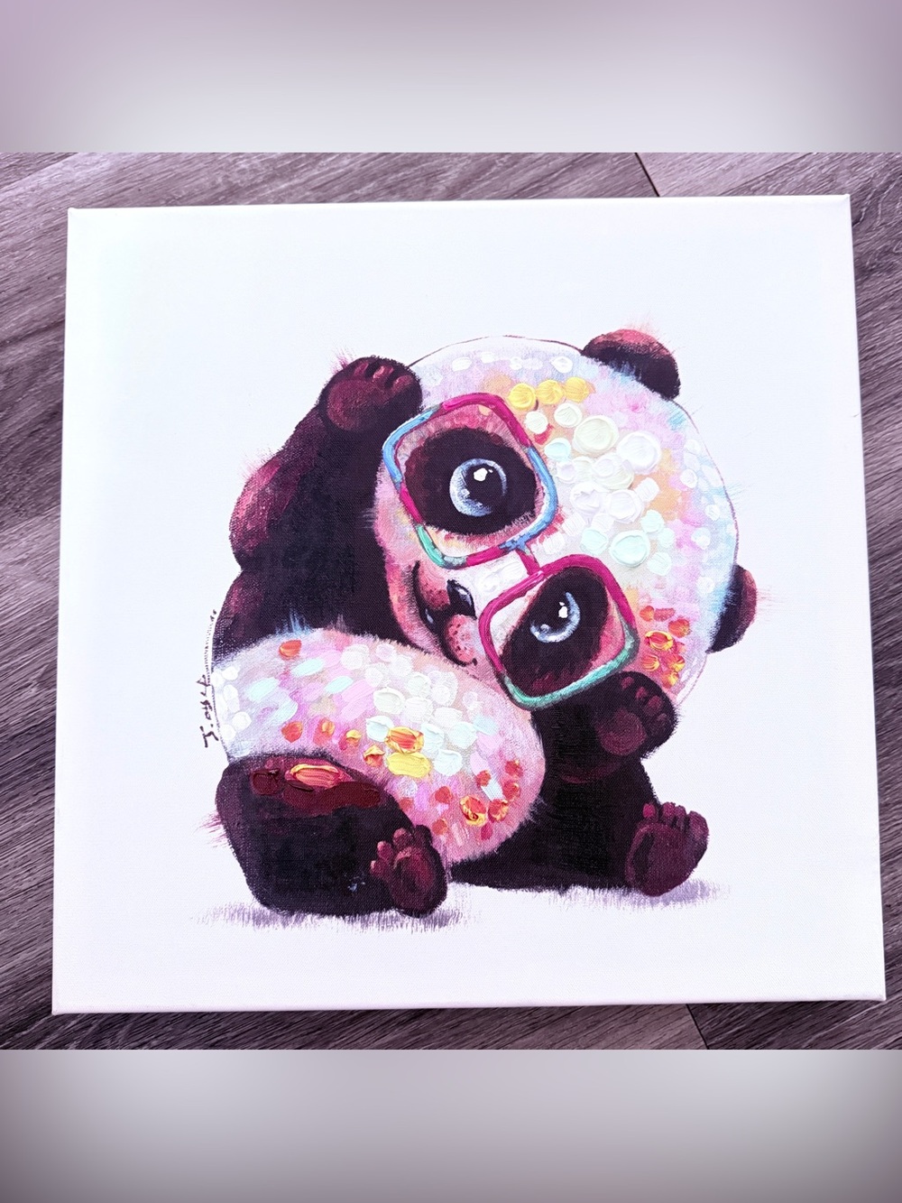 Yosemite Home Decor "Smarty Panda" Hand-Painted Canvas Wall Art 24x24 Cute